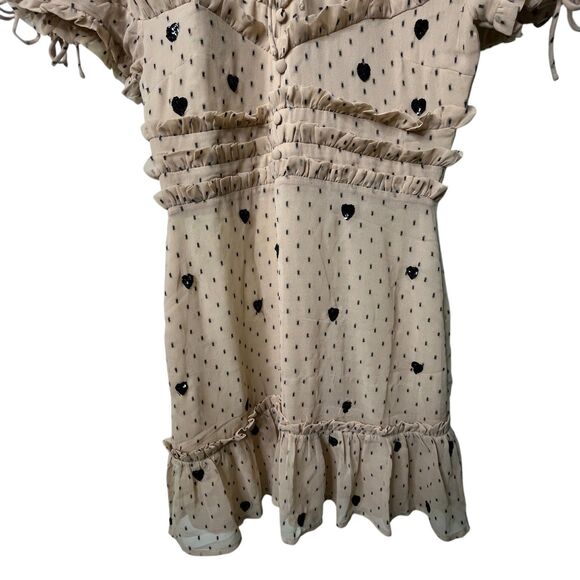 NBD Cherry Pie Mini Dress Sz M Nude Black Polka Dot Sequin Heart Ruffle Revolve - Picture 8 of 13